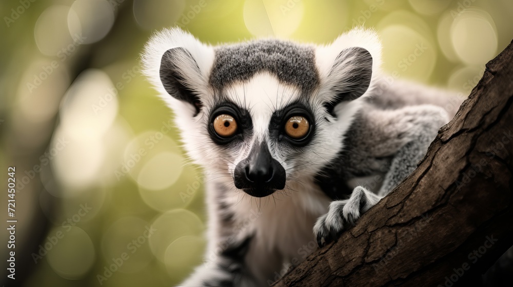 Fototapeta premium A picture of a ring-tailed lemur standing on a tree at the zoo.