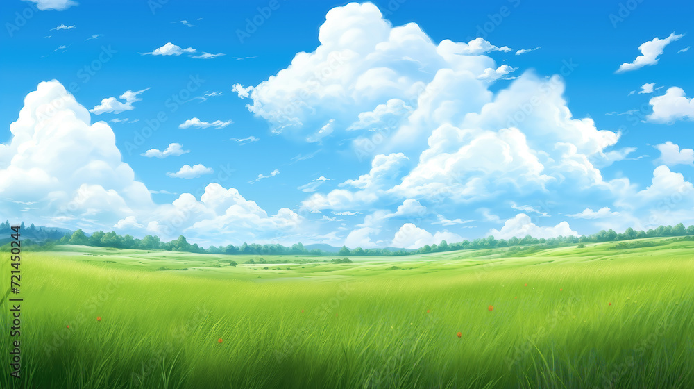 Obraz premium a beautiful anime inspired simple landscape with a big wide grass field, manga artwork