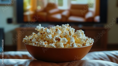 A white bowl full of fluffy, freshly-popped popcorn placed on a soft, textured blanket and leather sofa and blur background of wide screen television in living room. 