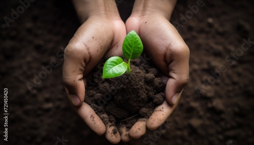 Hands holding and caring a green young plant. Care of the environment.