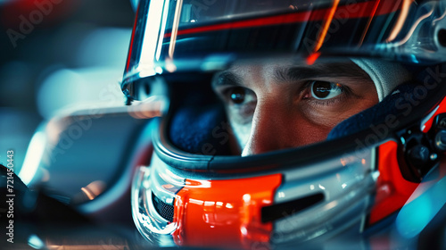 F1 racing driver thinking before his race, wearing a bright red and white helmet, focused eyes showcasing his victory