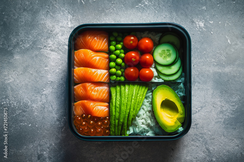 Flat lay picture of lunch box with food on it. Solmon fish and vegetables.  photo