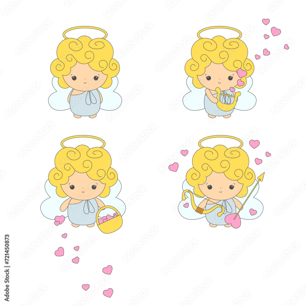 Cartoon angel child with wings and nimbus. Cherub or Cupid set, collection. Vector illustration. Valentines day angels with hearts Cartoon angel child with wings and nimbus. Cherub or Cupid set, collection. Vector illustration. Valentines day angels with hearts
