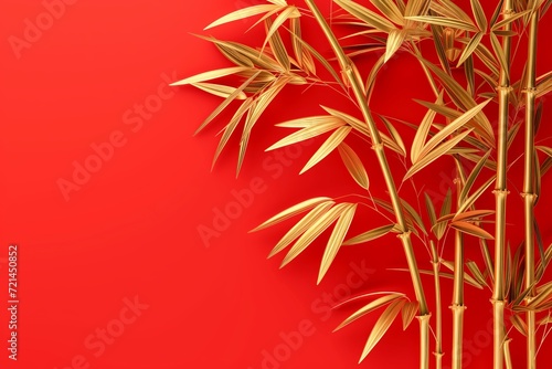 Golden bamboo with Chinese red background. Space for copy. Chinese New Year.