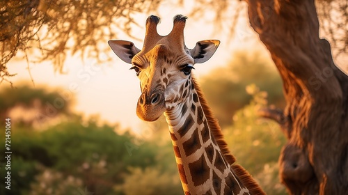 A vertical image of a giraffe in front of a tree