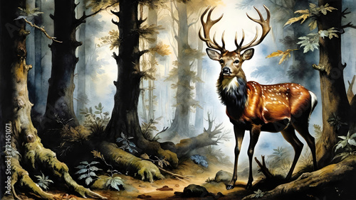 Majestic red deer stag in the forest at foggy morning. Generative AI