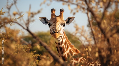 A vertical image of a giraffe in front of a tree