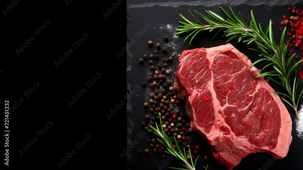 A view of a large meat cut that has raw meat and greens on a dark surface.