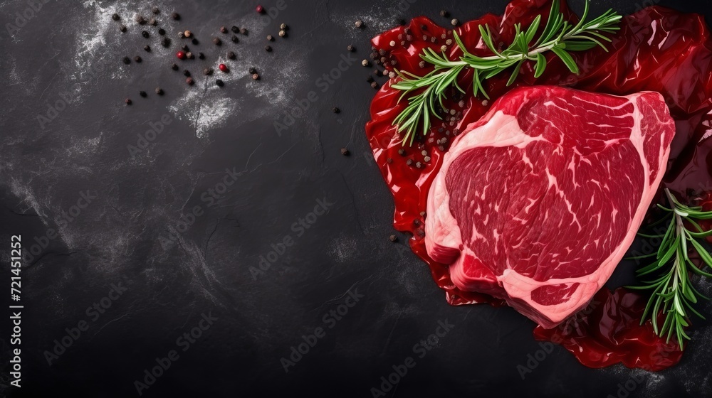 A view of a large meat cut that has raw meat and greens on a dark surface.