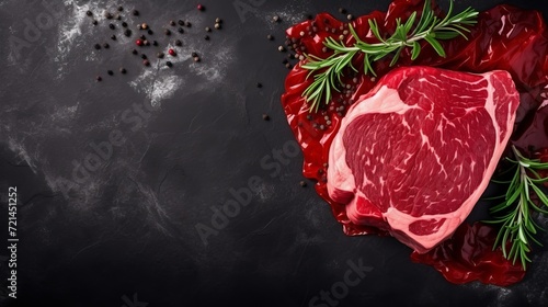 A view of a large meat cut that has raw meat and greens on a dark surface.