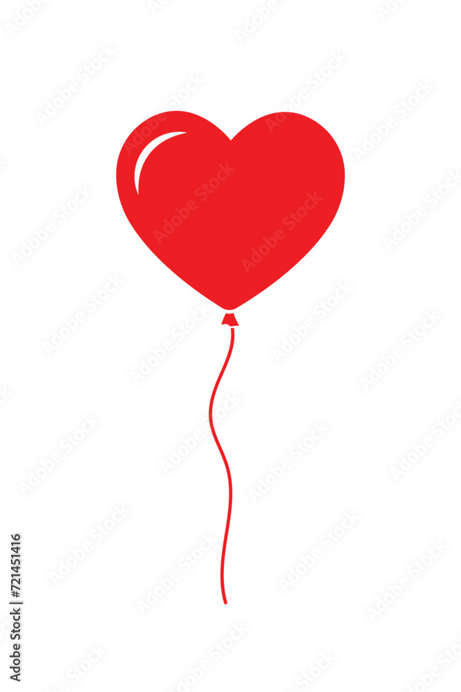 valentine balloon, red heart shape ballon, single vector element, flat illustration