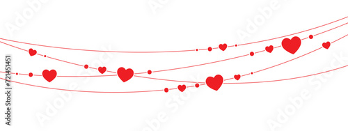 valentine panoramic decorative element, romantic beads with hearts border, red vector illustration