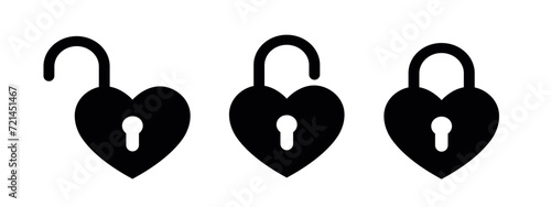 locked and unlocked heart black icon set, valentine day symbol, heart shape lock silhouette, vector illustration