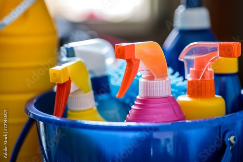 Close-up of Cleaning Products in a Blue Bucket
