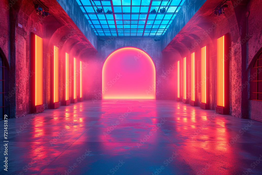 Futuristic neon-lit room with glowing red and blue lights, reflective surfaces, and an arched doorway. Ideal for tech designs, modern architecture, and immersive digital environments Futuristic neon-lit room with glowing red and blue lights, reflective surfaces, and an arched doorway. Ideal for tech designs, modern architecture, and immersive digital environments