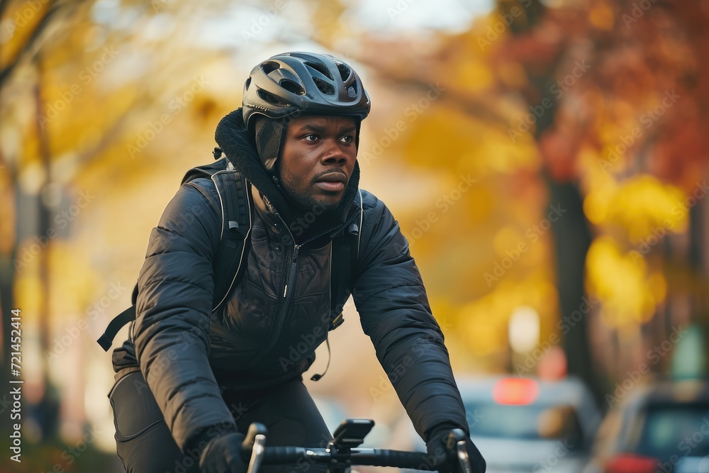 Black male cyclist riding through Brooklyn, New York. He is wearing cycling gear, going for a training ride or commuting in style, on a sunny Autumn day. Black male cyclist riding through Brooklyn, New York. He is wearing cycling gear, going for a training ride or commuting in style, on a sunny Autumn day.