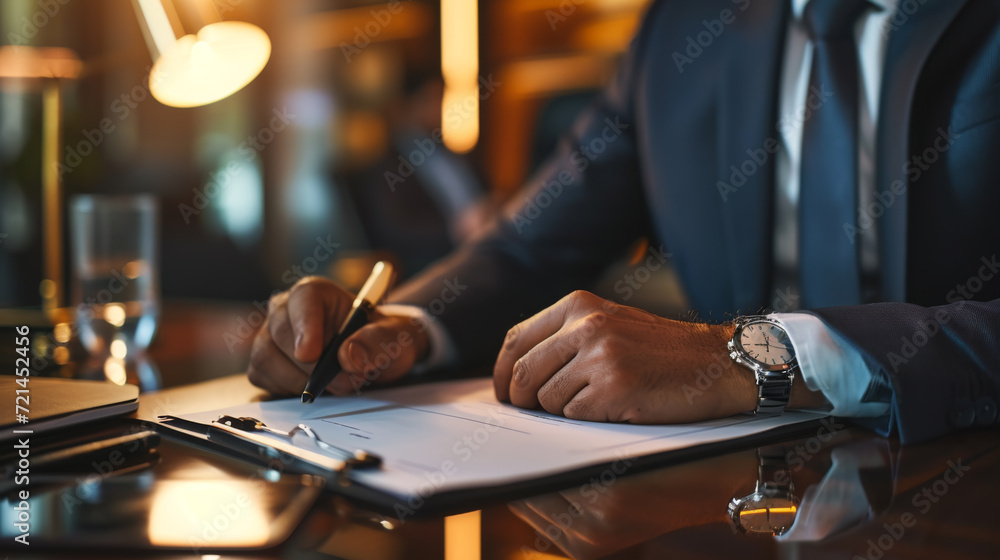 Man in a business suit sitting at a desk, writing or signing a document with a pen