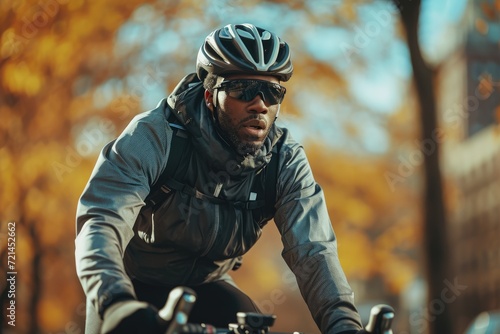 Black male cyclist riding through Brooklyn, New York. He is wearing cycling gear, going for a training ride or commuting in style, on a sunny Autumn day. 