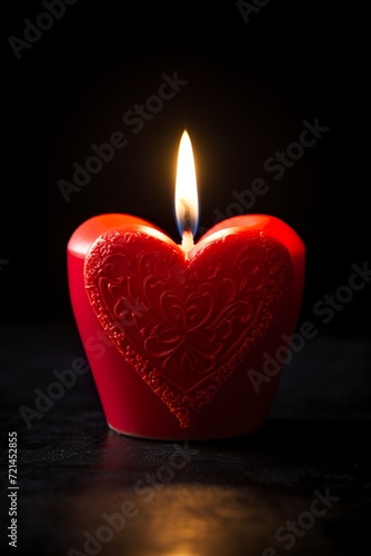 A red heart-shaped candle on a table in celebration of Valentine's Day. Red candle lit on table on dark background. Happy Valentine's Day.