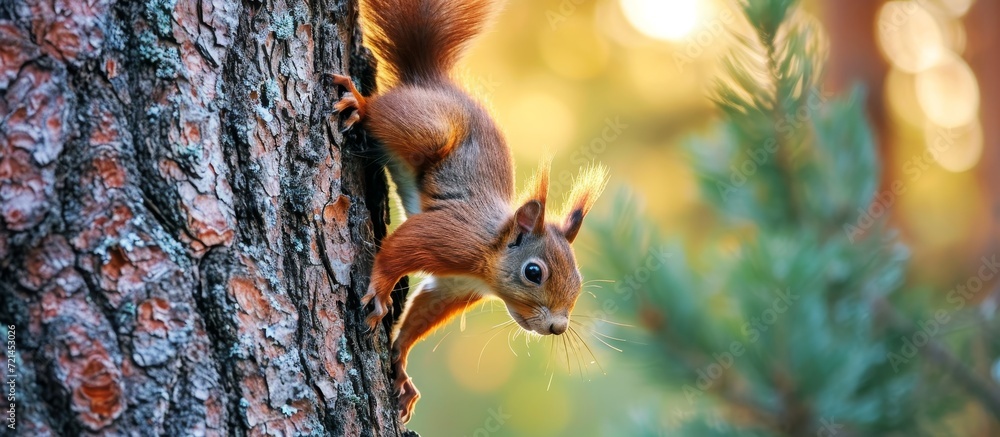 Vibrant Red Squirrel Climbing Up a Majestic Tree: Red Squirrel Climbing, Up, Up, and Away