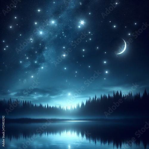 Starry Night Sky Over Tranquil Lake © Raad