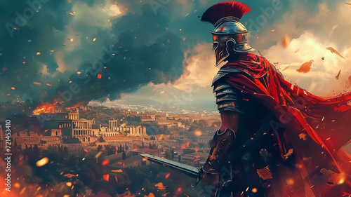 a roman soldier with sword in his hand watching the roman empire fall, generative AI photo
