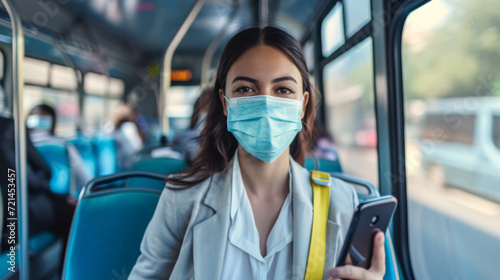 woman is seen sitting on a bus, wearing a surgical mask and looking down at her smartphone, with a cityscape visible through the window behind her