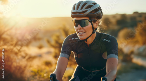young woman wearing a cycling helmet and gear, smiling while riding a bike