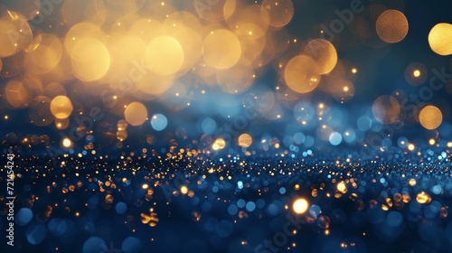 Golden light shine particles bokeh on navy blue background. Holiday. Abstract background with Dark blue and gold particle, shine, bright, sparkle, magical, glittering, texture, effect, space
