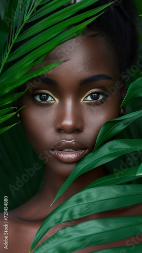 Close-up portrait of an African-American woman model with green tropical leaf. Beautiful African American woman of natural beauty and connection to the environment.