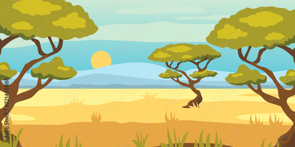 African savannah landscape with green trees, and plain grassland field under blue clear sky, river and jungle plants. Kenya panoramic view, mountains and skyline, wild nature African savannah landscape with green trees, and plain grassland field under blue clear sky, river and jungle plants. Kenya panoramic view, mountains and skyline, wild nature