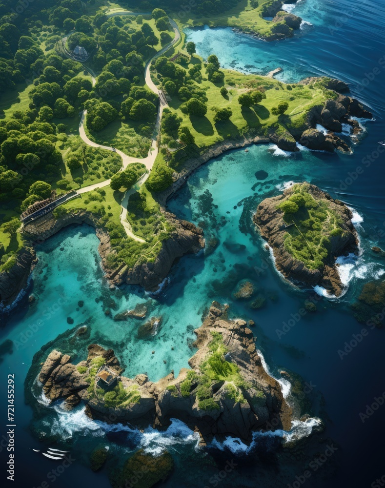 A stunning top view aerial shot of a lush green island surrounded by clear blue waters