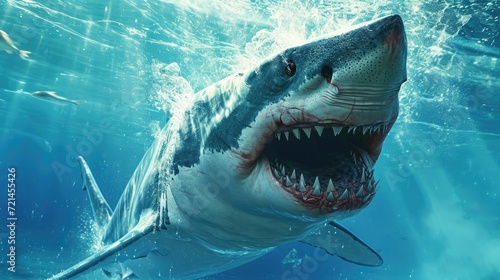 A chilling image portrays a shark  its gaping maw revealing rows of sharp teeth  as it hunts in the ocean s murky depths.