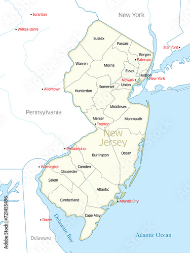 Map showing the borders of the various counties that make up the state of New Jersey.