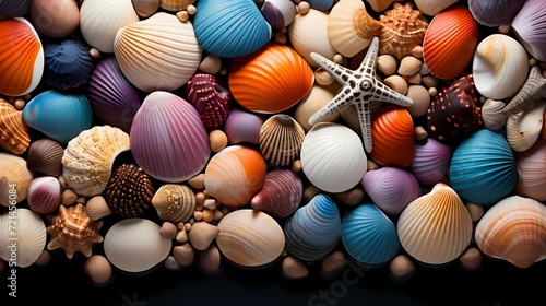 A close-up of a seashell collection arranged artfully on the cobalt blue ocean sand, showcasing their unique shapes and colors