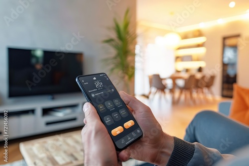 Close up POV man checking home security settings on smart phone app in living room 