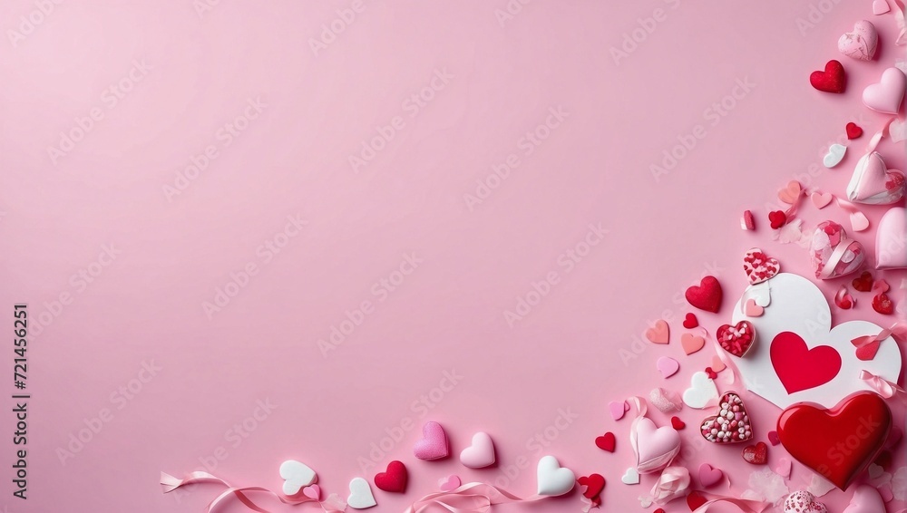 Valentine's Day. presents, heart felt and decor on pink background