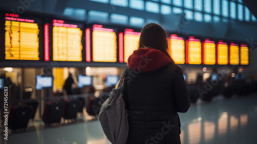 Young woman tourist at international airport, bus terminal, raiway station looks at scoreboardat. Checks her flight at flight information board