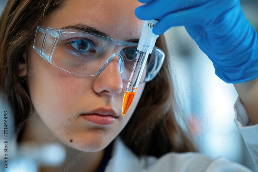Close-up of a female teenager holding up a pipette filled with an orange substance. She is wearing a lab coat and protective eyewear. Close-up of a female teenager holding up a pipette filled with an orange substance. She is wearing a lab coat and protective eyewear.
