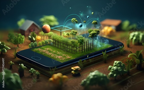 3d illustration mockup landscaping garden with modern technology agriculture on mobile phone