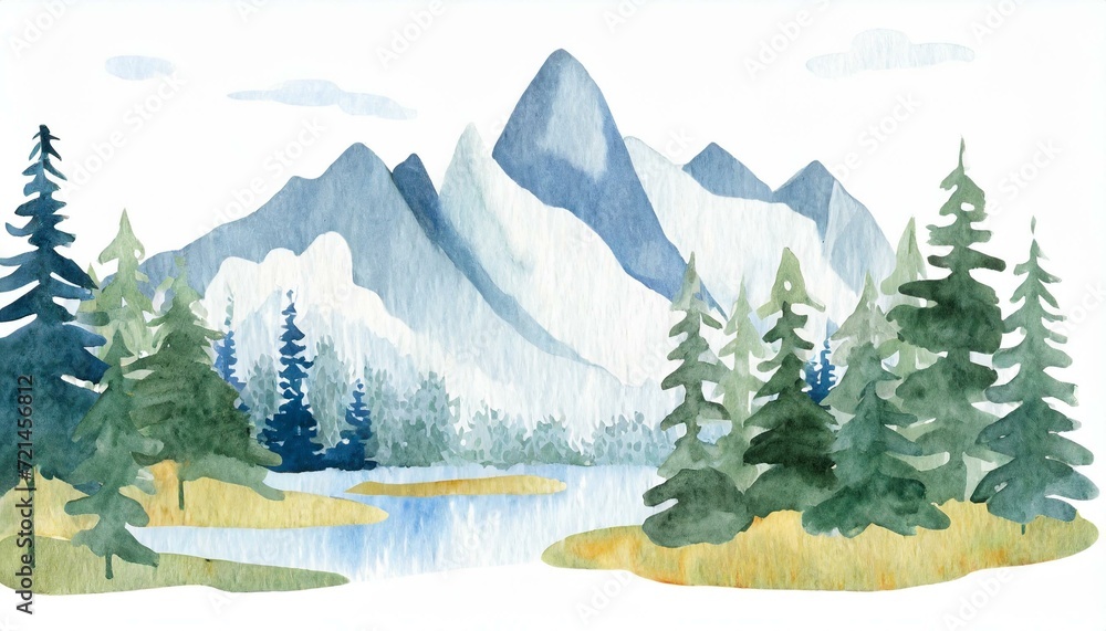 Fototapeta premium 水彩風の山の風景