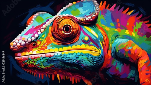 The main chameleon artwork is a vibrant and bright canvas masterpiece that can be purchased as prints, demonstrating the beauty of art and painting. © Elchin Abilov