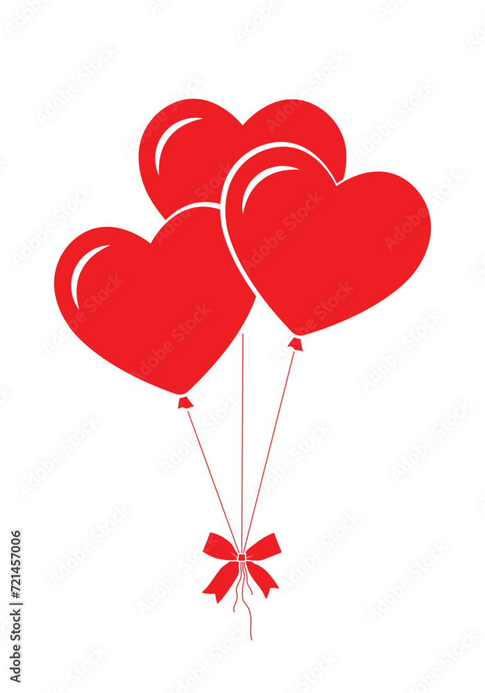 valentine balloons, bunch of three red heart shape ballons with bow, flat vector illustration