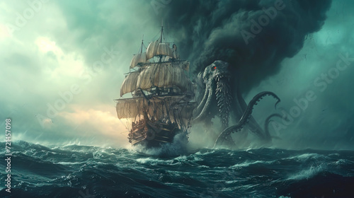 Epic Sea Battle with Mythical Kraken created with Generative AI technology photo