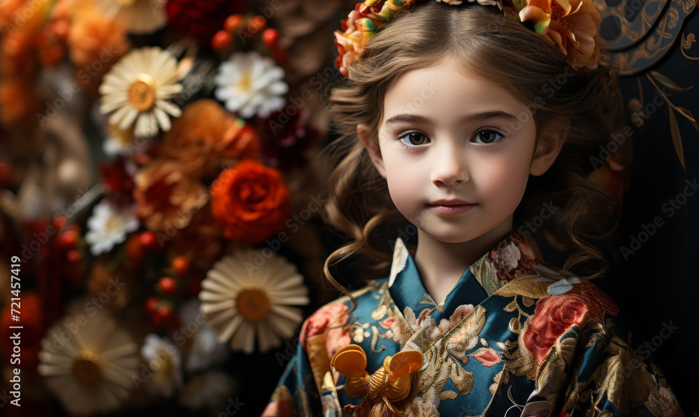 Young child in a traditional kimono and floral headpiece against a backdrop of ornate blossoms Young child in a traditional kimono and floral headpiece against a backdrop of ornate blossoms