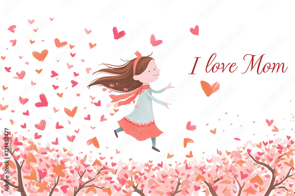 Mother's day greeting card cartoon. Girl and flying pink paper hearts on white background with text Mother's day greeting card cartoon. Girl and flying pink paper hearts on white background with text