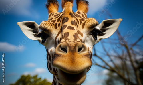 Close-up of a giraffe's face against a blue sky, showcasing its unique patterns and gentle eyes © Bartek