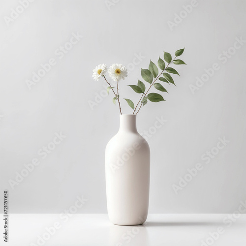 White fowers in a simple white vase on a white background. ai generative