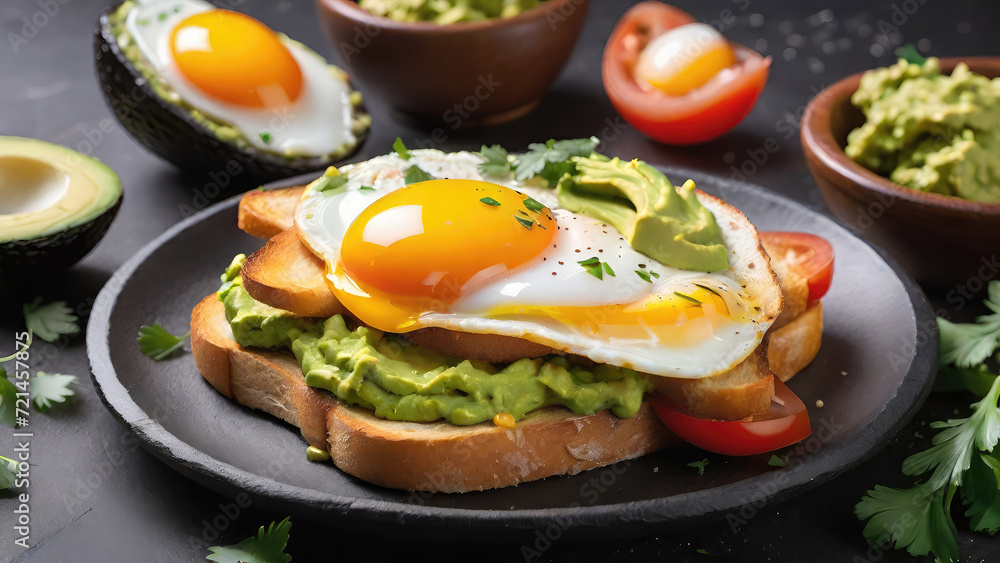 Avocado sandwich with poached egg on toasted bread for healthy breakfast or snack.Generative AI Avocado sandwich with poached egg on toasted bread for healthy breakfast or snack.Generative AI