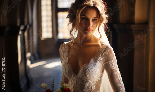Elegant Bride in a Vintage Lace Wedding Dress with Veil in a Sunlit Antique Corridor, Embodying Classic Romance and Grace © Bartek